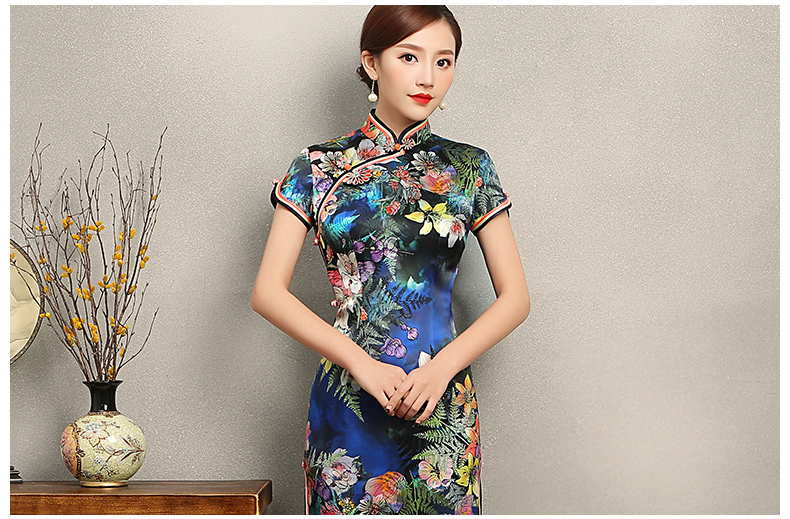 蔓如花靚麗旗袍，唯美短袖印花旗袍裙