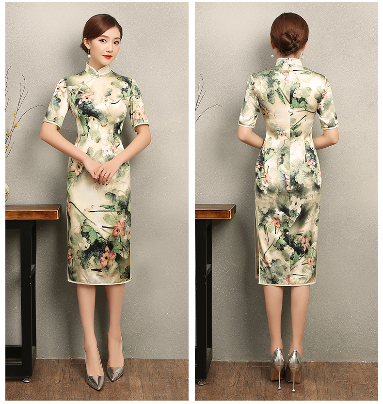 青荷古風(fēng)韻味旗袍，淡雅短袖印花旗袍裙