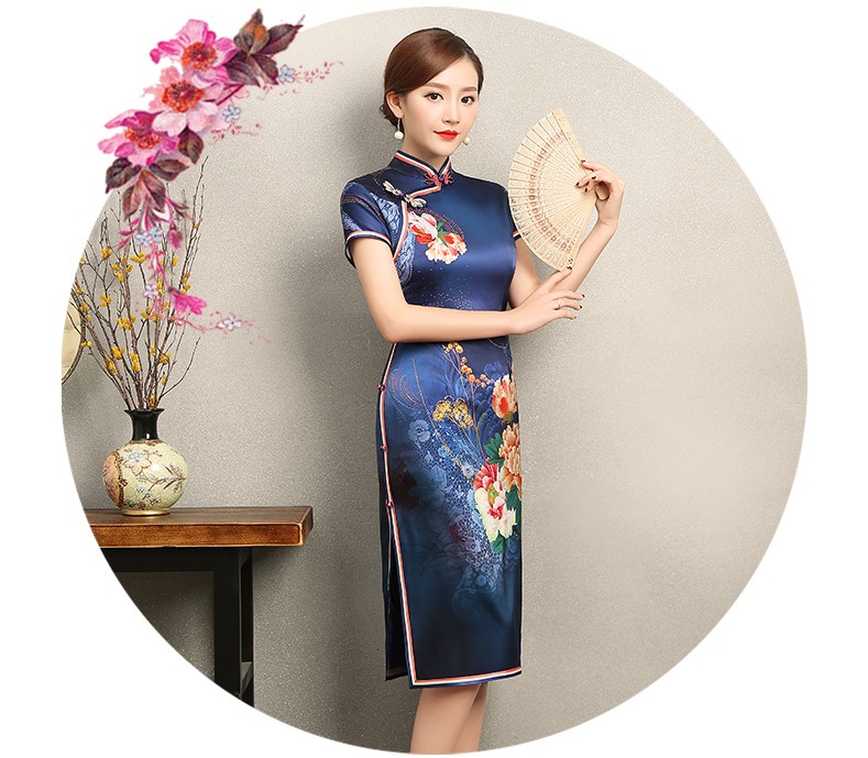 知性優(yōu)雅藍(lán)色旗袍，花嬌印花短袖旗袍裙