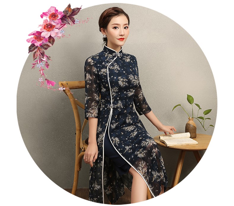 復(fù)古格子藍侶旗袍，藏藍色印花旗袍裙