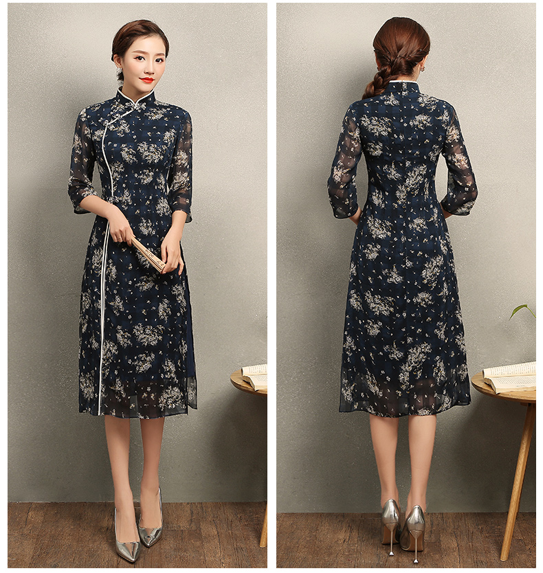 復(fù)古格子藍侶旗袍，藏藍色印花旗袍裙