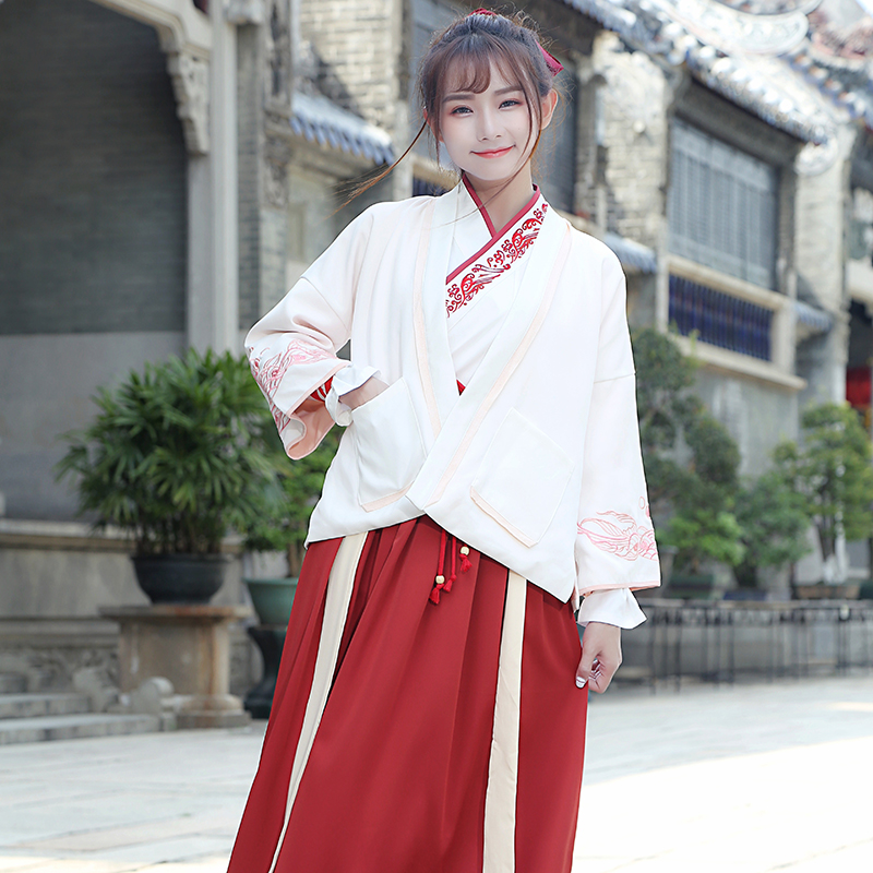 紅白交配繡花漢服，改良漢服斜交齊腰襦裙