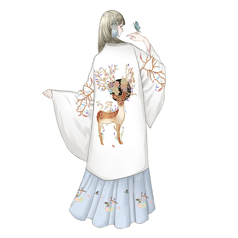 魏晉風回雪襦裙?jié)h服，清新淡雅小鹿刺繡漢服