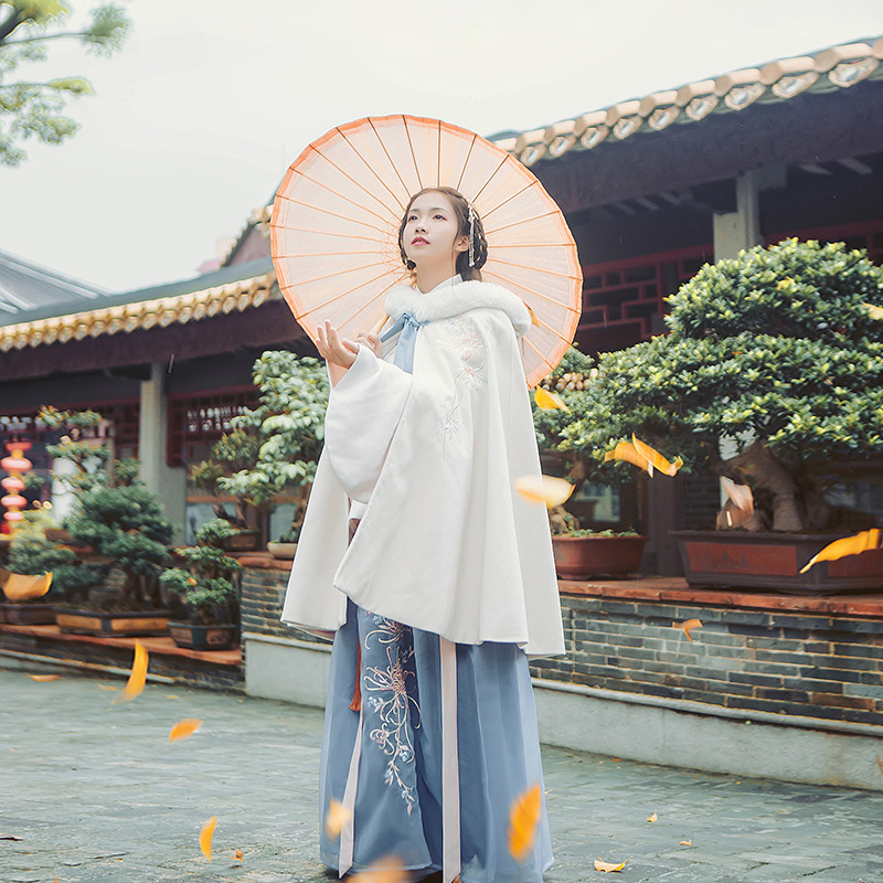 立領(lǐng)斜襟襖裙?jié)h服，淡雅脫俗菊花刺繡漢服