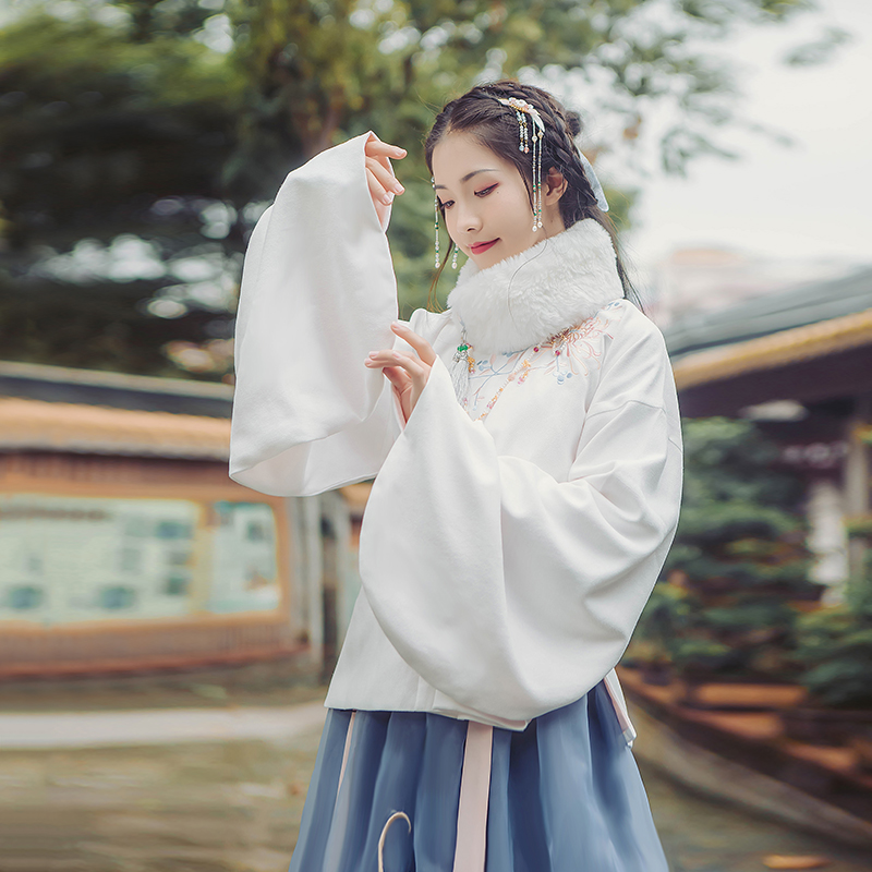 立領(lǐng)斜襟襖裙?jié)h服，淡雅脫俗菊花刺繡漢服