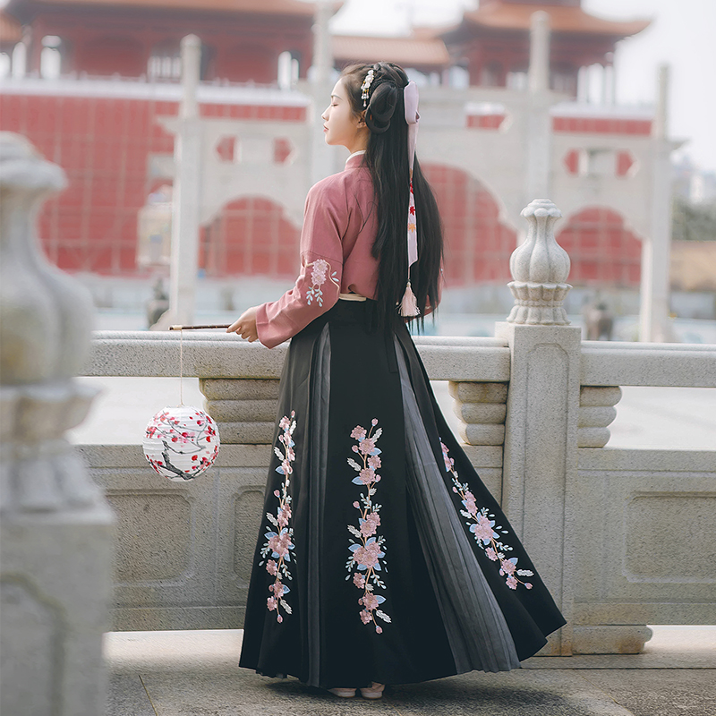 花團(tuán)錦簇交領(lǐng)襦裙?jié)h服，褶裙團(tuán)花刺繡漢服圖片