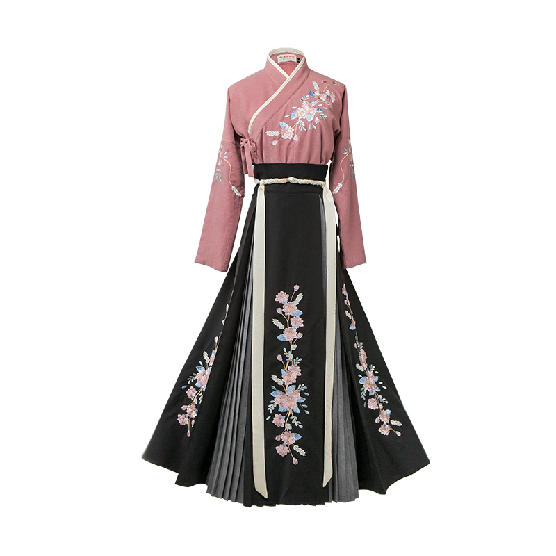 花團(tuán)錦簇交領(lǐng)襦裙?jié)h服，褶裙團(tuán)花刺繡漢服圖片