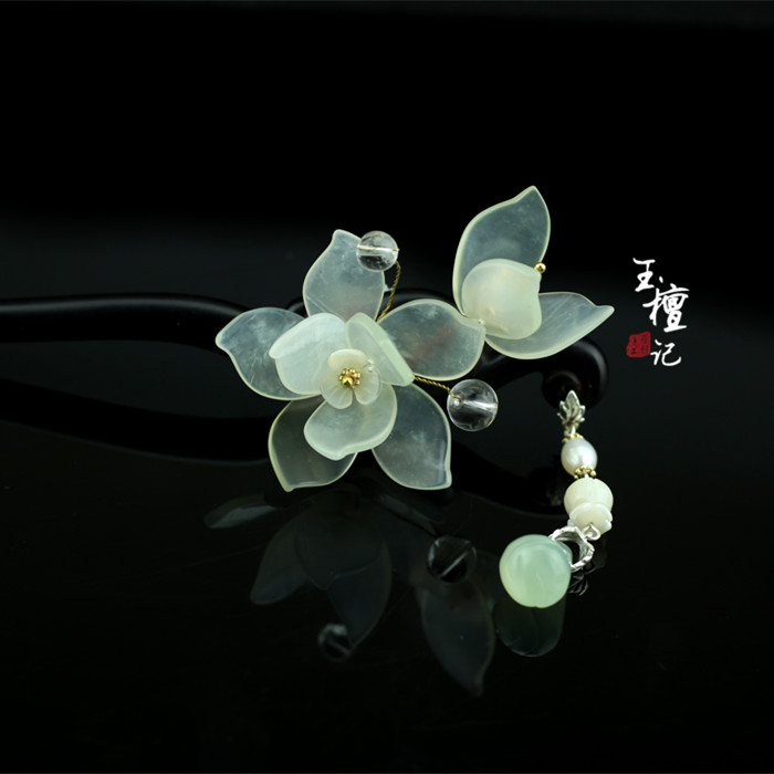 古風(fēng)玉蘭花黑檀木簪子，手工玉簪花頭飾