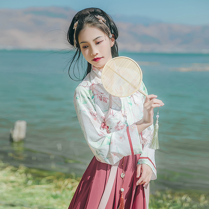 唯美印花交領(lǐng)襦裙?jié)h服，清新齊腰漢服圖片