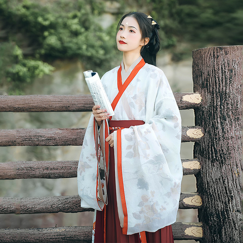 魏晉風大袖交領襦裙?jié)h服，松葉水墨印花漢服