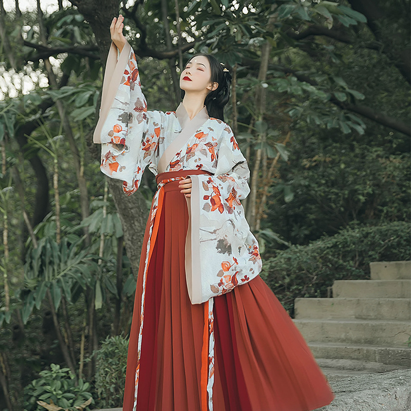 魏晉風大袖交領襦裙?jié)h服，松葉水墨印花漢服