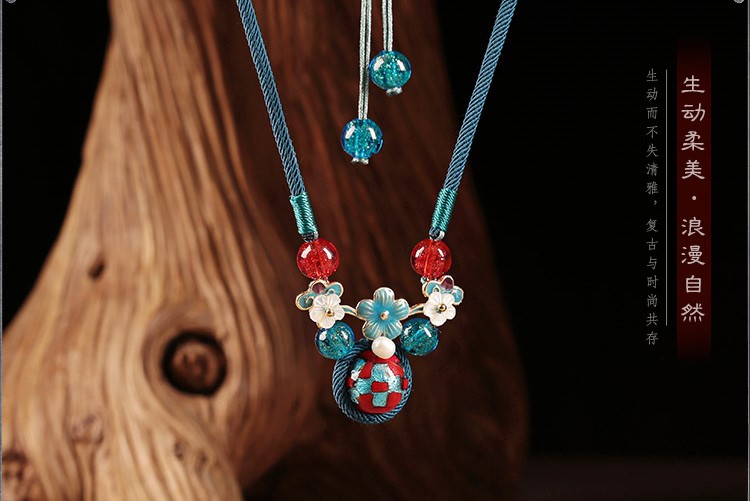 藍(lán)色琉璃吊墜匠心啟航閱讀鎖骨鏈，古風(fēng)簡(jiǎn)約花朵項(xiàng)鏈