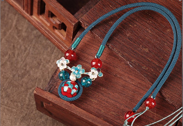 藍(lán)色琉璃吊墜匠心啟航閱讀鎖骨鏈，古風(fēng)簡(jiǎn)約花朵項(xiàng)鏈