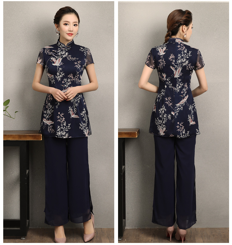 祥鶴印花中式旗袍，唐風(fēng)茶服旗袍上衣圖片