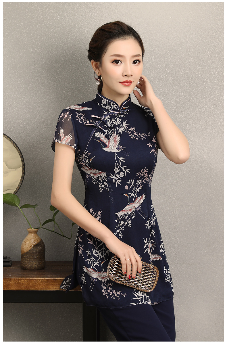 祥鶴印花中式旗袍，唐風(fēng)茶服旗袍上衣圖片