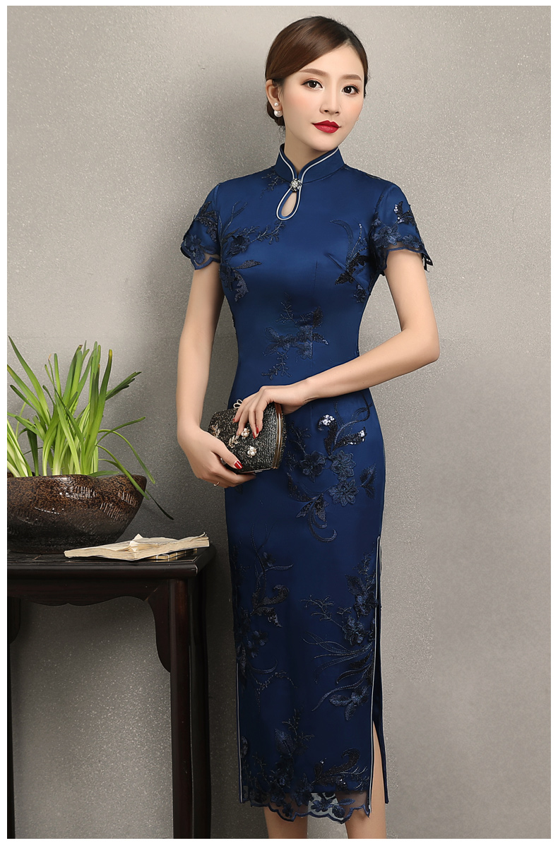 蘭蕓蕾絲繡花旗袍，優(yōu)雅知性短袖旗袍圖片