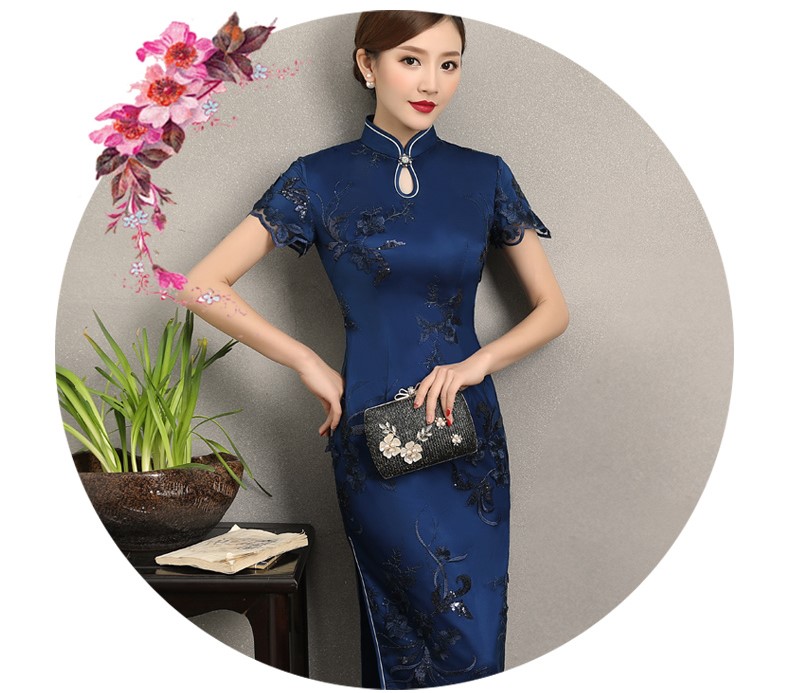 蘭蕓蕾絲繡花旗袍，優(yōu)雅知性短袖旗袍圖片