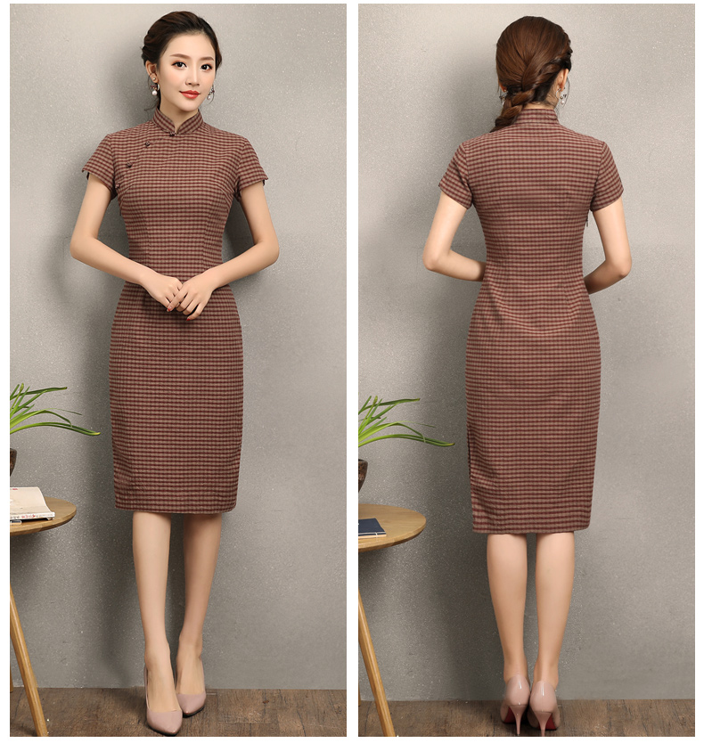 民國風(fēng)復(fù)古格子旗袍，改良棉麻短袖旗袍圖片