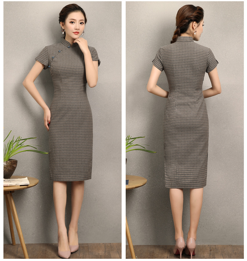 民國風(fēng)復(fù)古格子旗袍，改良棉麻短袖旗袍圖片