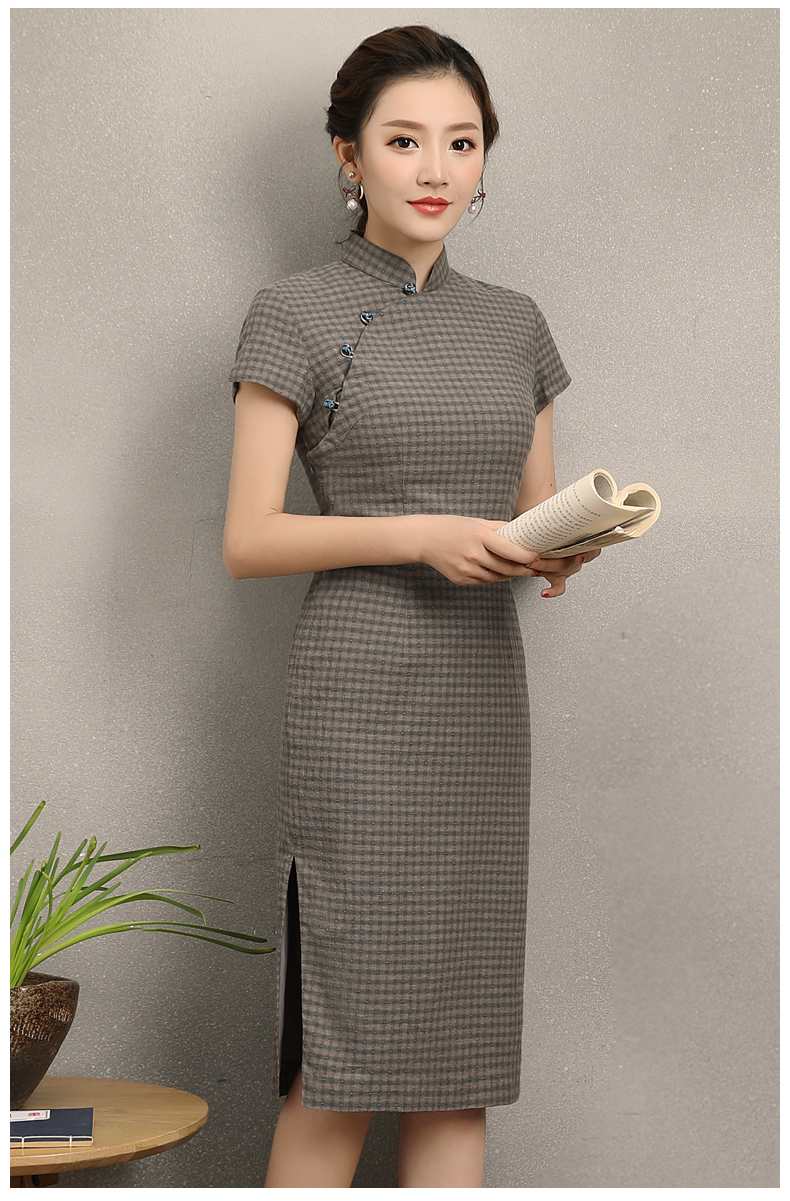 民國風(fēng)復(fù)古格子旗袍，改良棉麻短袖旗袍圖片