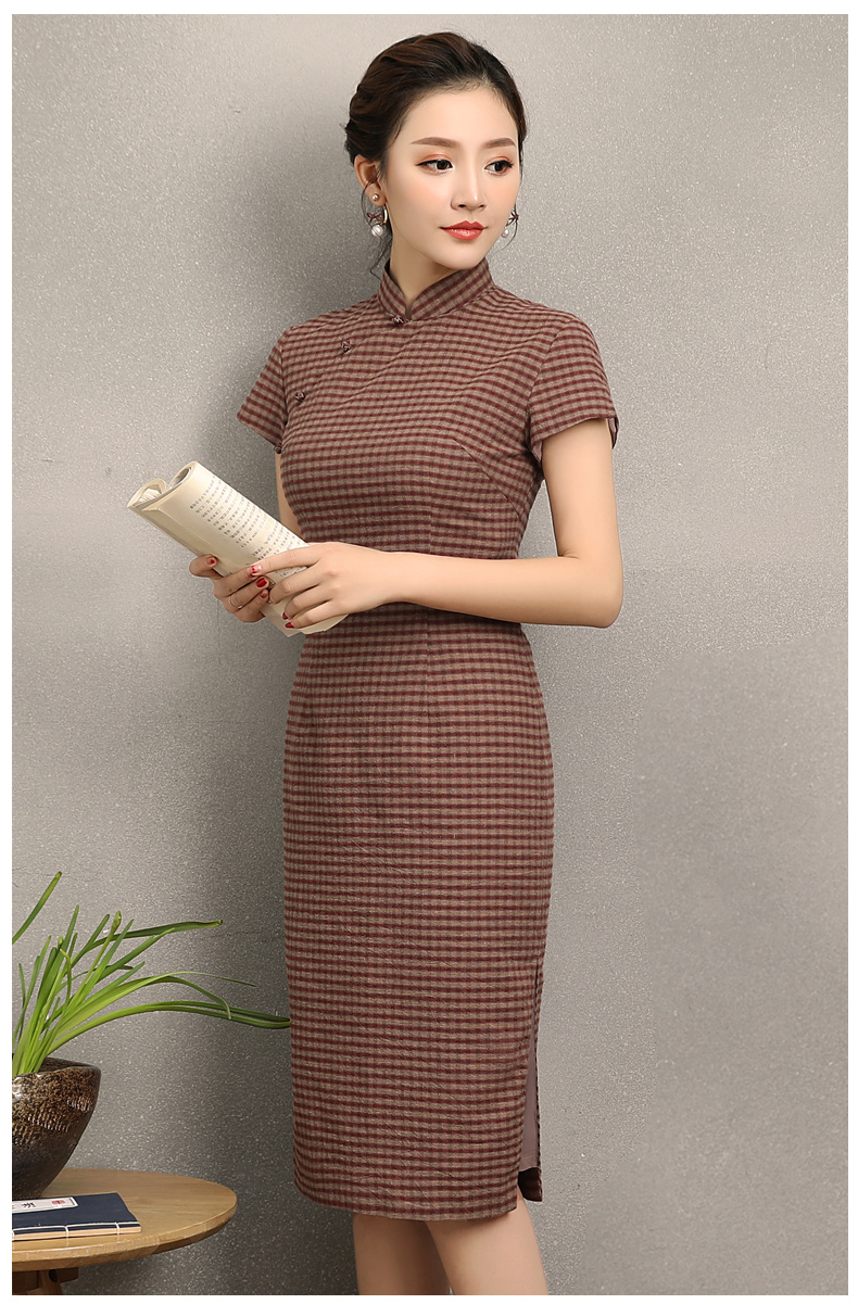 民國風(fēng)復(fù)古格子旗袍，改良棉麻短袖旗袍圖片