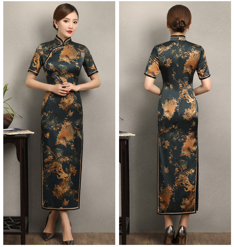 墨綠印花復(fù)古短袖旗袍，優(yōu)雅浪漫旗袍圖片