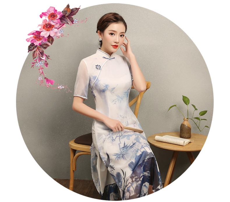 藍(lán)伊水墨印花旗袍，中式修身短袖旗袍裙