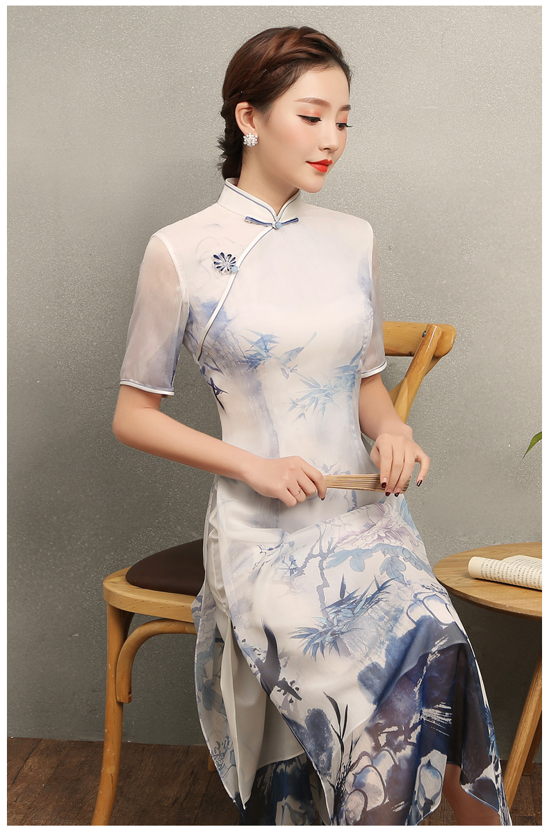 藍(lán)伊水墨印花旗袍，中式修身短袖旗袍裙