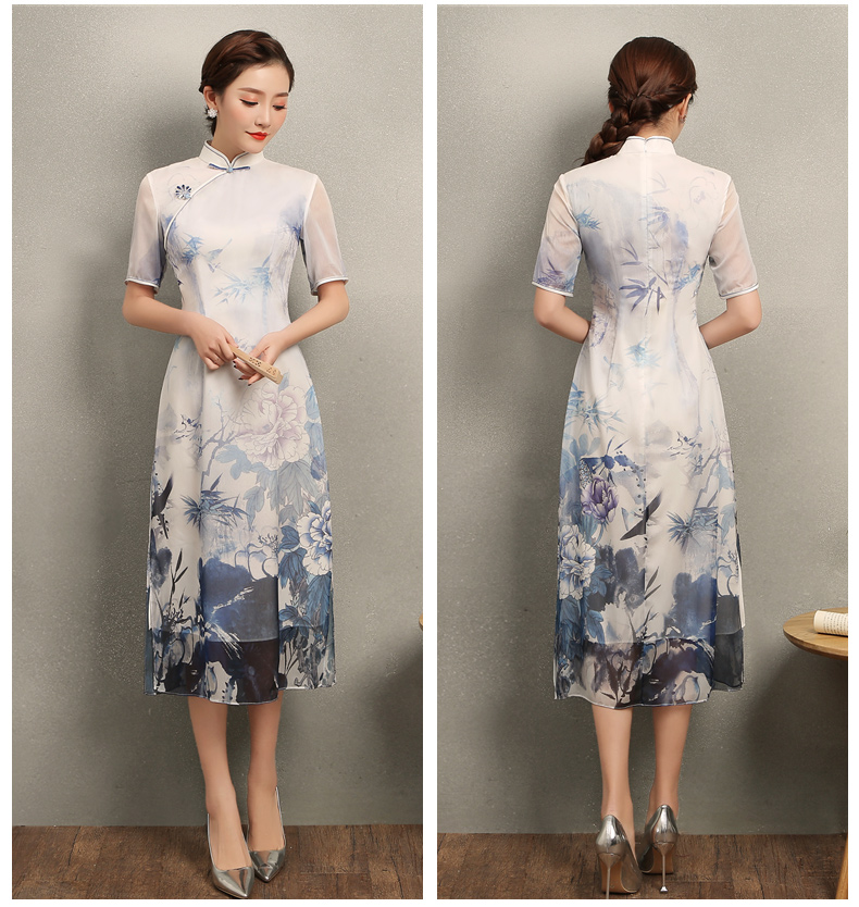 藍(lán)伊水墨印花旗袍，中式修身短袖旗袍裙