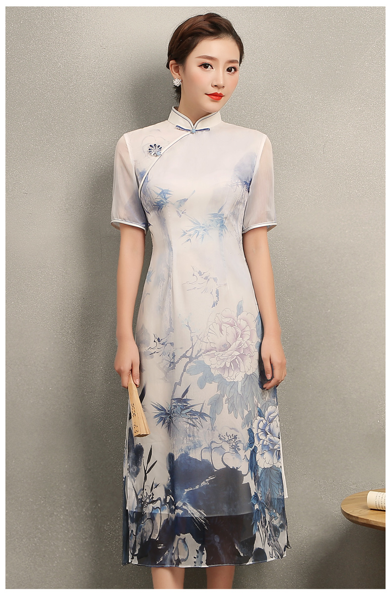 藍(lán)伊水墨印花旗袍，中式修身短袖旗袍裙