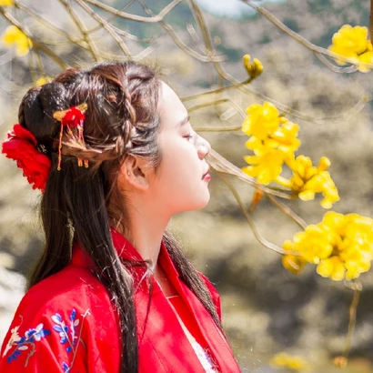 嬌艷花朵紅衣女生頭像，唯美古風(fēng)真人頭像