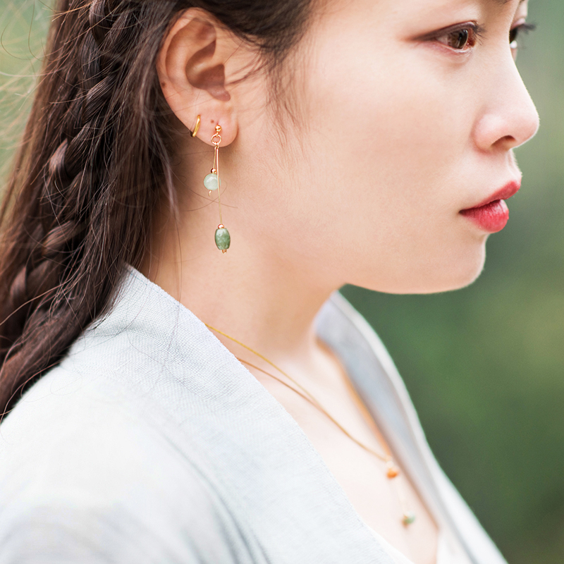 清新微雨耳環(huán)，天然冰種翡翠9K金珠耳釘首飾