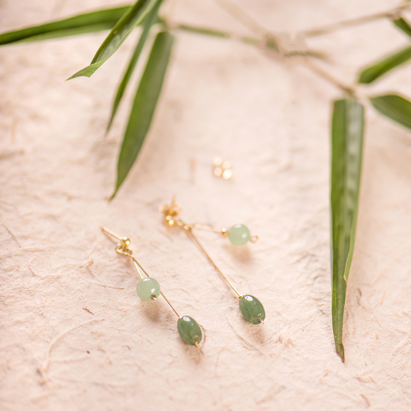 清新微雨耳環(huán)，天然冰種翡翠9K金珠耳釘首飾