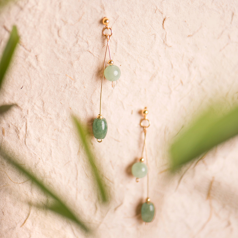 清新微雨耳環(huán)，天然冰種翡翠9K金珠耳釘首飾