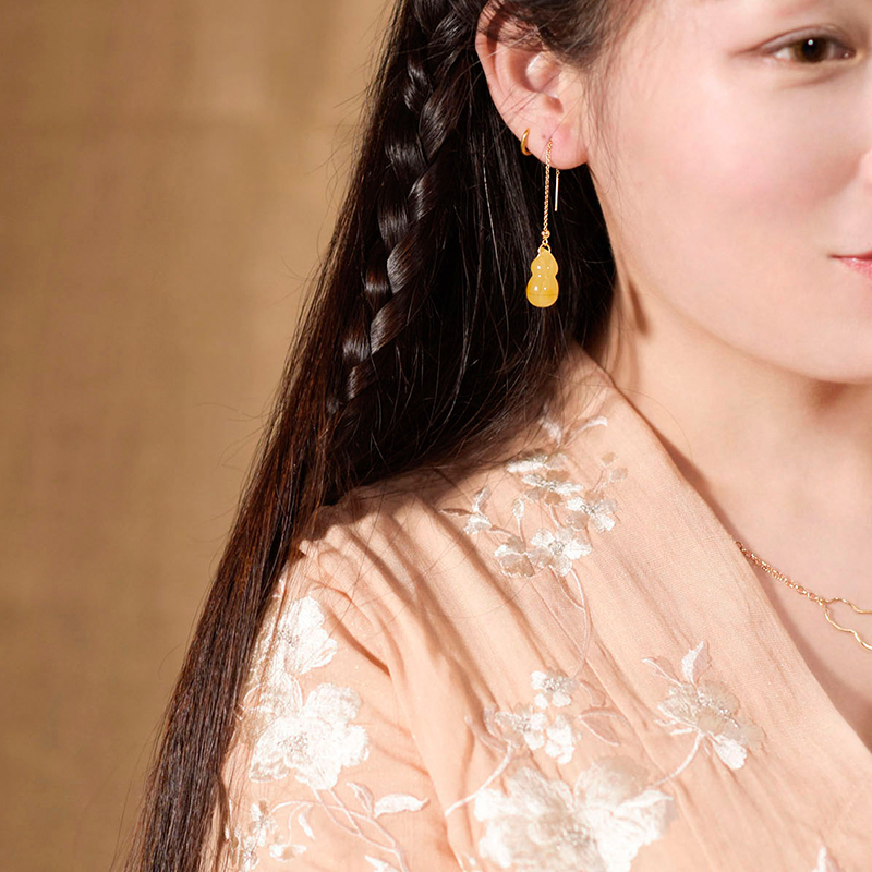 福祿蜜蠟葫蘆耳環(huán)，天然蜜蠟9K金耳線首飾