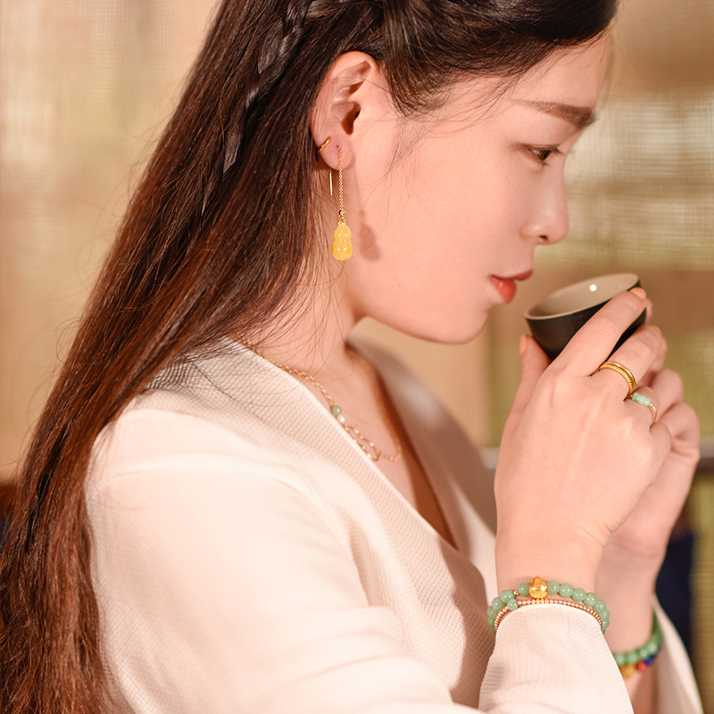 福祿蜜蠟葫蘆耳環(huán)，天然蜜蠟9K金耳線首飾