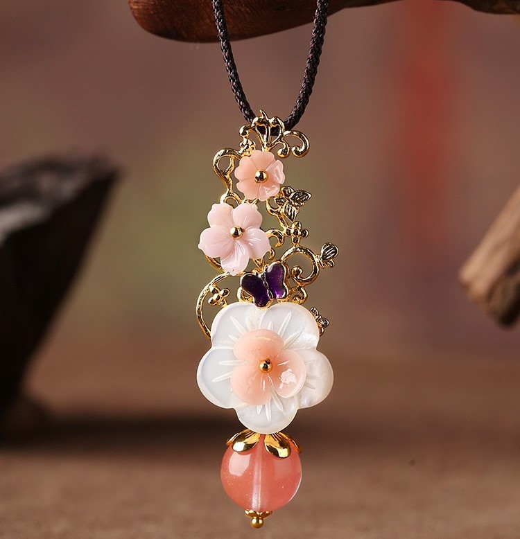 復古花形朵少女粉鎖骨鏈，氣質閨蜜項鏈首飾