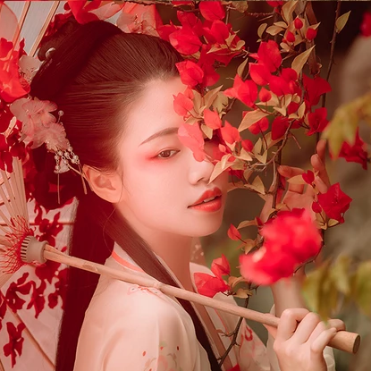 花間佳人帶傘女生頭像，唯美古風真人頭像