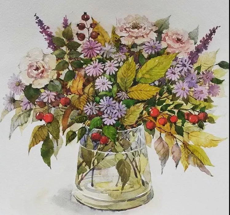 花團(tuán)錦簇時(shí)尚水彩插畫，唯美花卉插畫圖片