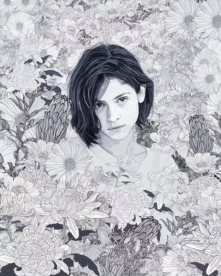 美人與花插畫(huà)：用線(xiàn)條淋漓盡致展現(xiàn)女性魅力！