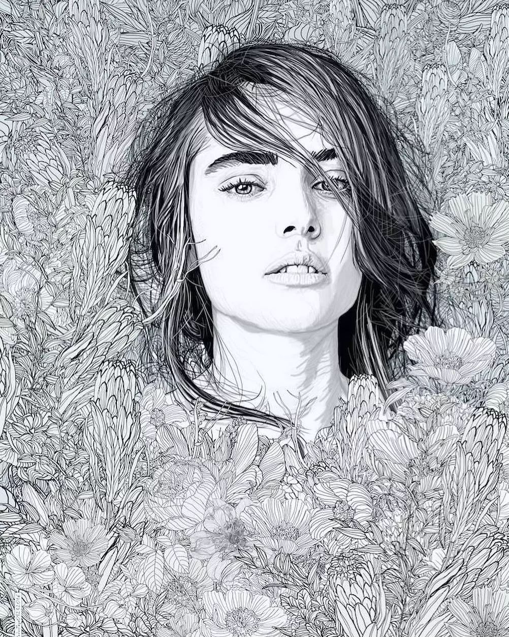 美人與花插畫(huà)：用線(xiàn)條淋漓盡致展現(xiàn)女性魅力！