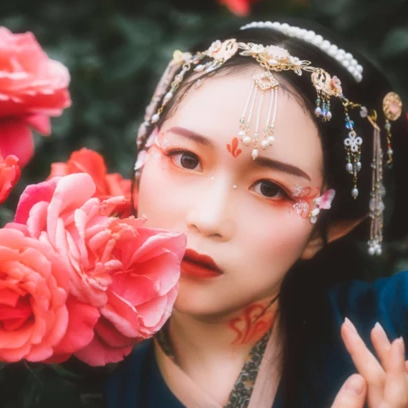 花間賞花女生頭像，唯美古風真人頭像