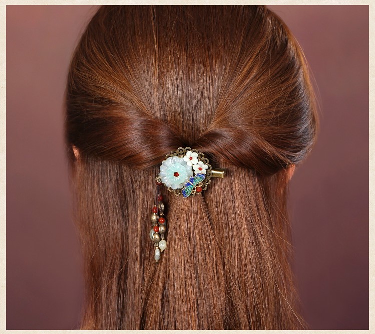 岫玉花朵發(fā)夾，復(fù)古流蘇發(fā)夾頭飾