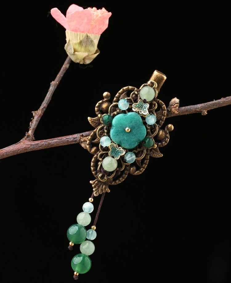 復(fù)古風(fēng)流蘇小發(fā)夾，古典碧綠發(fā)夾頭飾