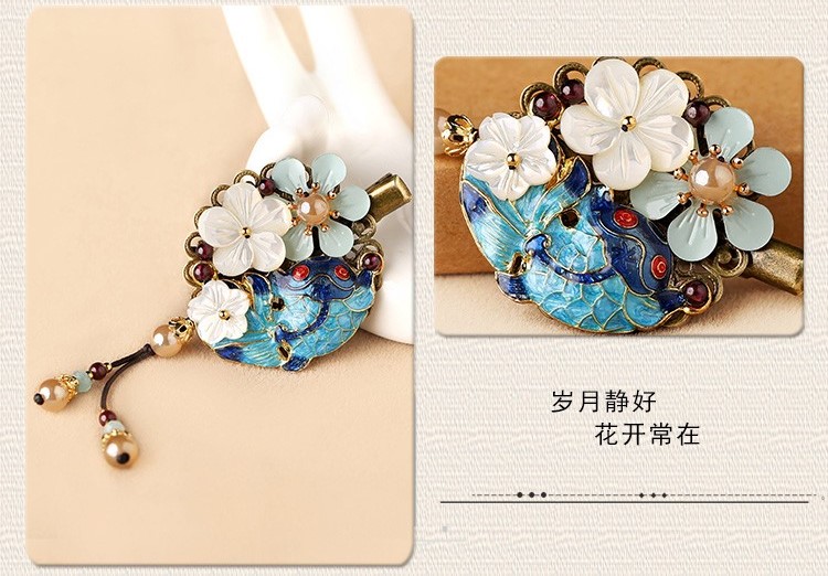 貝殼花朵流蘇小發(fā)夾，古風(fēng)藍(lán)魚兒發(fā)夾頭飾