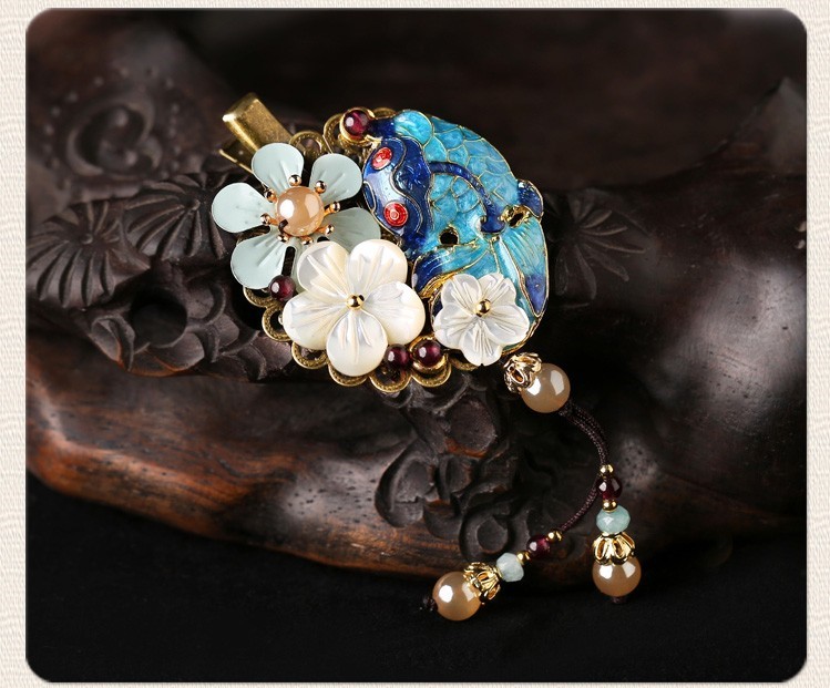 貝殼花朵流蘇小發(fā)夾，古風(fēng)藍(lán)魚兒發(fā)夾頭飾