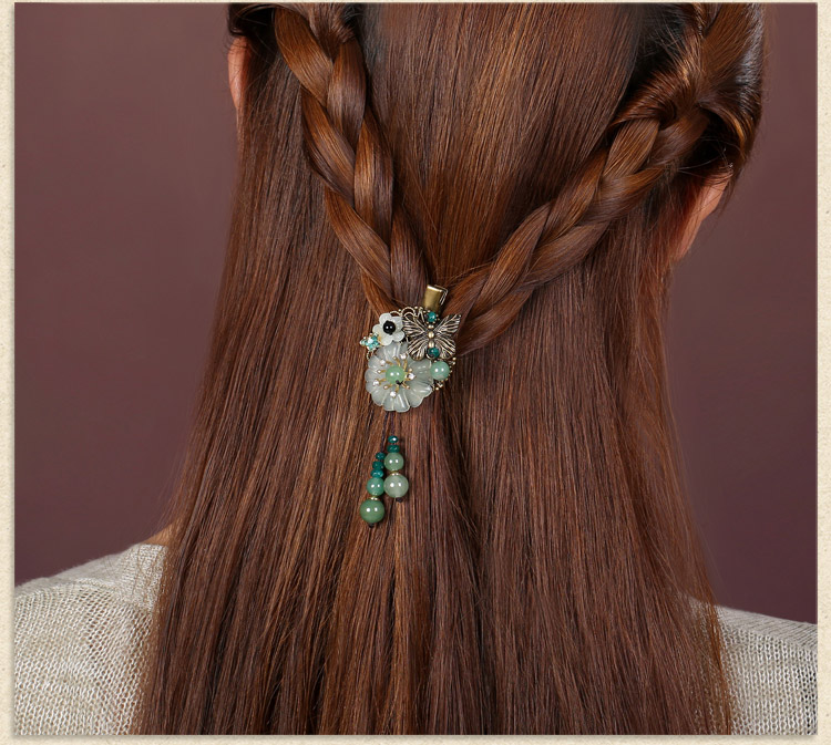 古銅花朵流蘇小發(fā)夾，岫玉花朵發(fā)夾頭飾