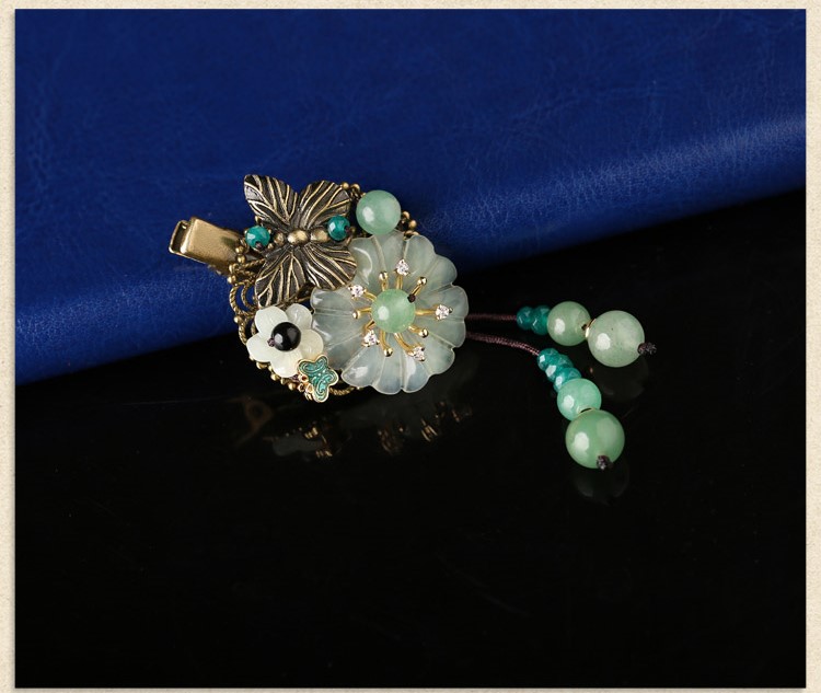 古銅花朵流蘇小發(fā)夾，岫玉花朵發(fā)夾頭飾