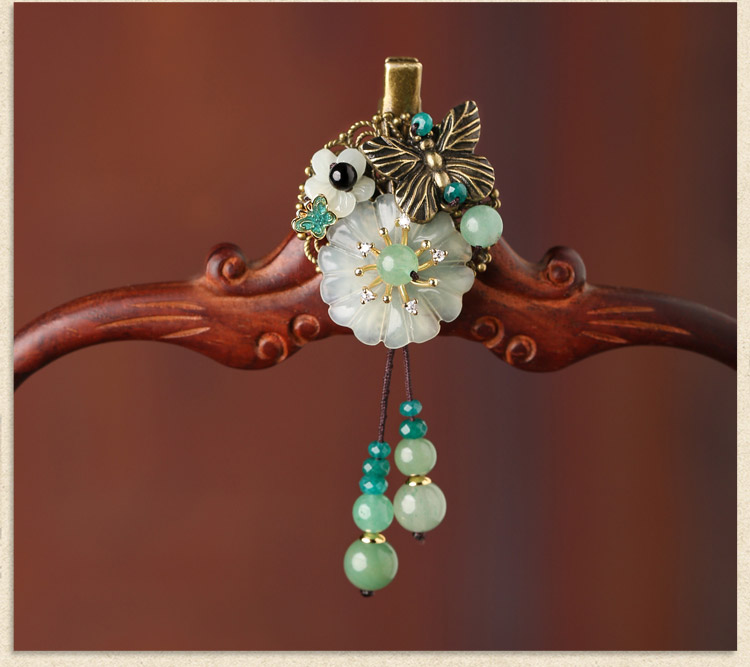 古銅花朵流蘇小發(fā)夾，岫玉花朵發(fā)夾頭飾