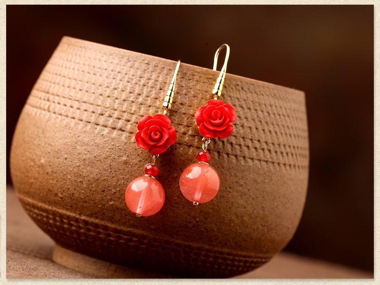 鮮紅玫瑰花耳環(huán)，精致古風氣質(zhì)甜美耳環(huán)首飾